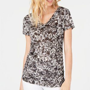 INC Floral V-Neck Top Black & White Size Medium